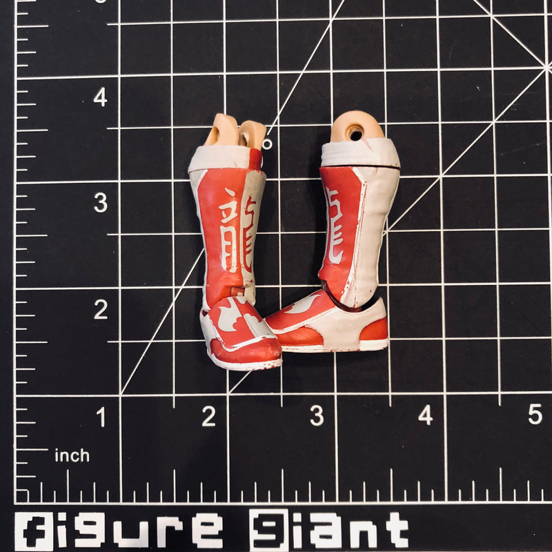 Grey and maroon kickpad boots with Chinese character