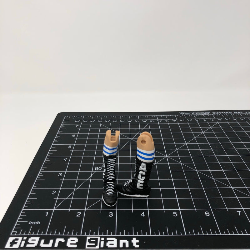 Black Boots with White And Blue Strip socks