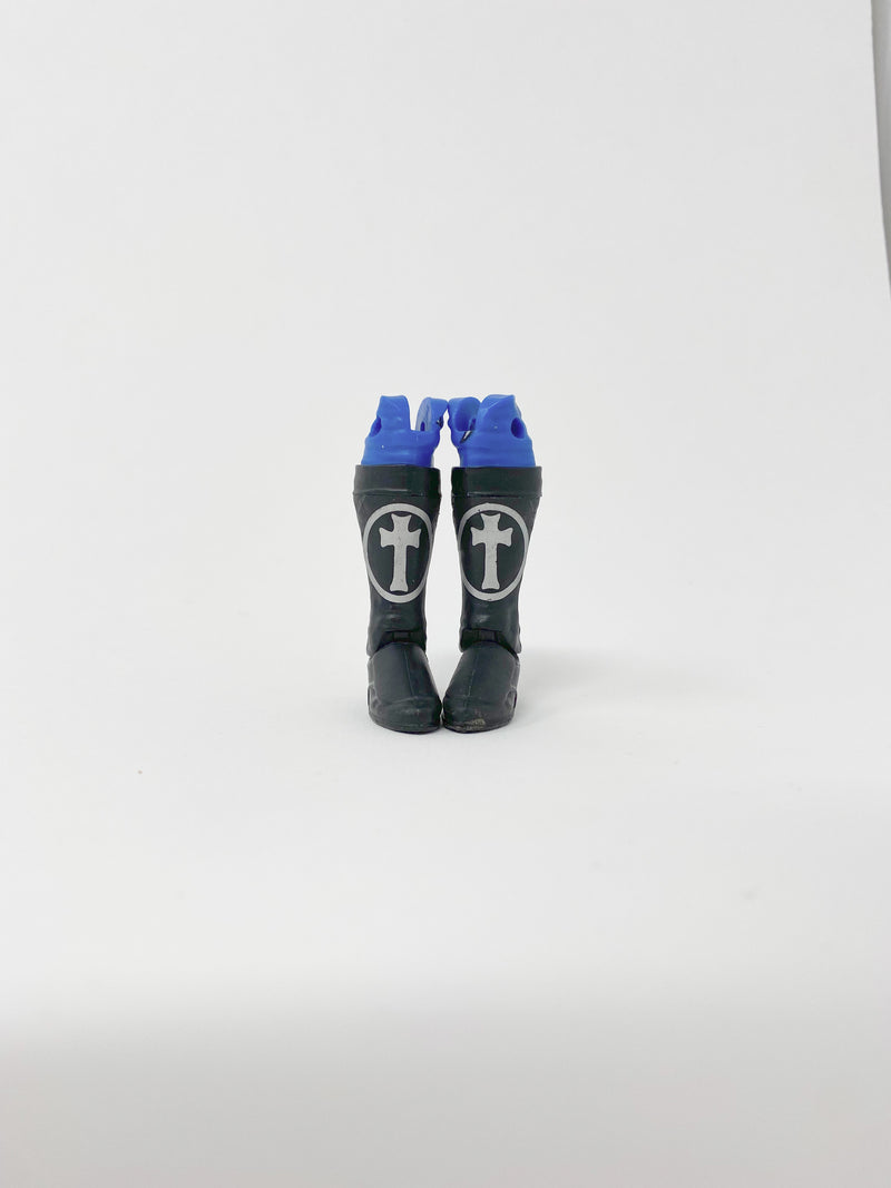 Black Kickpad Boots with silver cross and blue pants