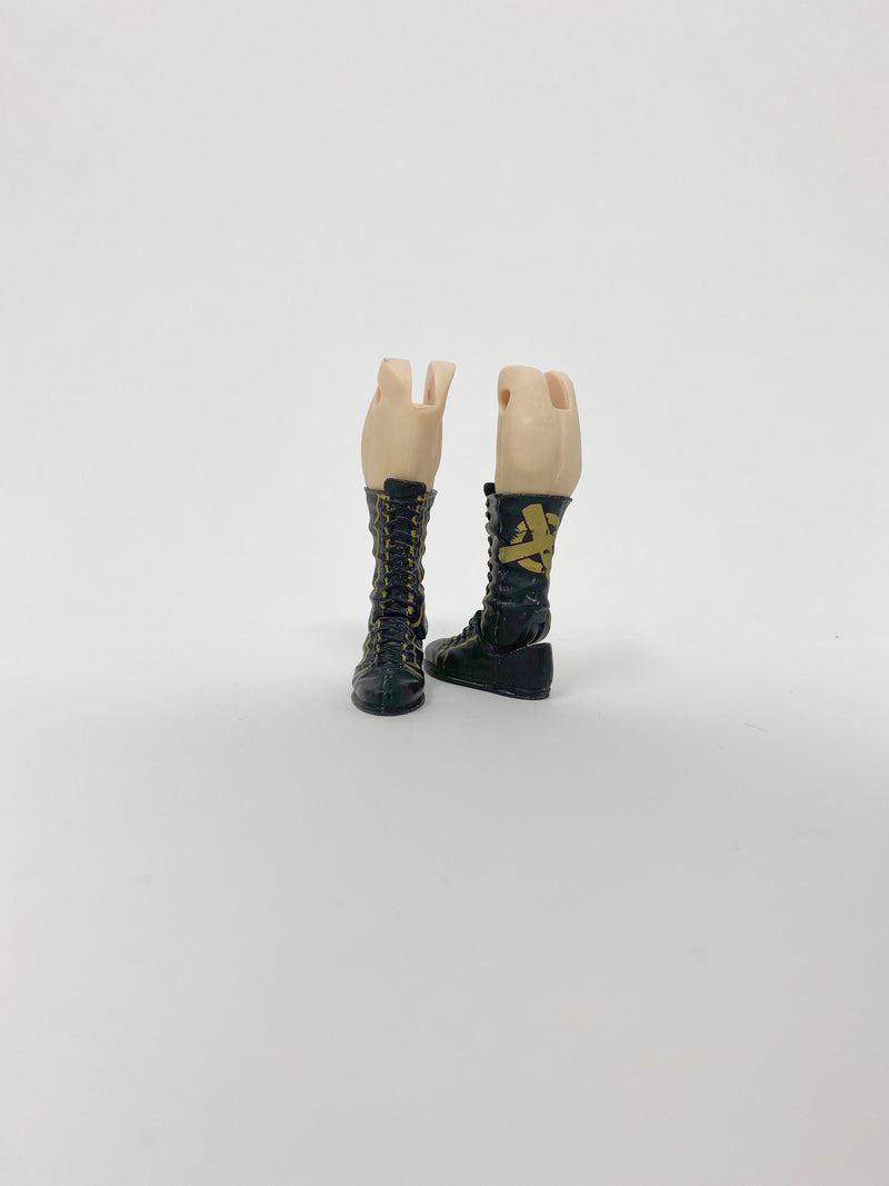 Black/Gold Laced Boots with Gold Cross on pale legs